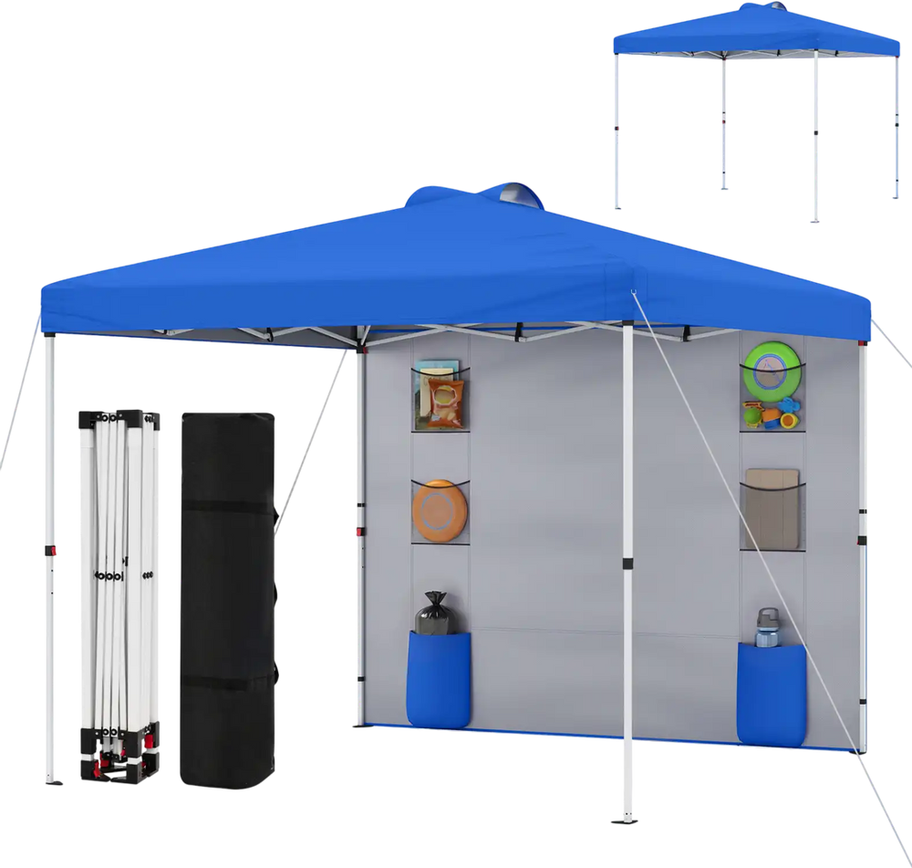 Blue 10 x 10 FT pop-up canopy tent with sidewall, featuring six storage pockets and easy setup for outdoor events.