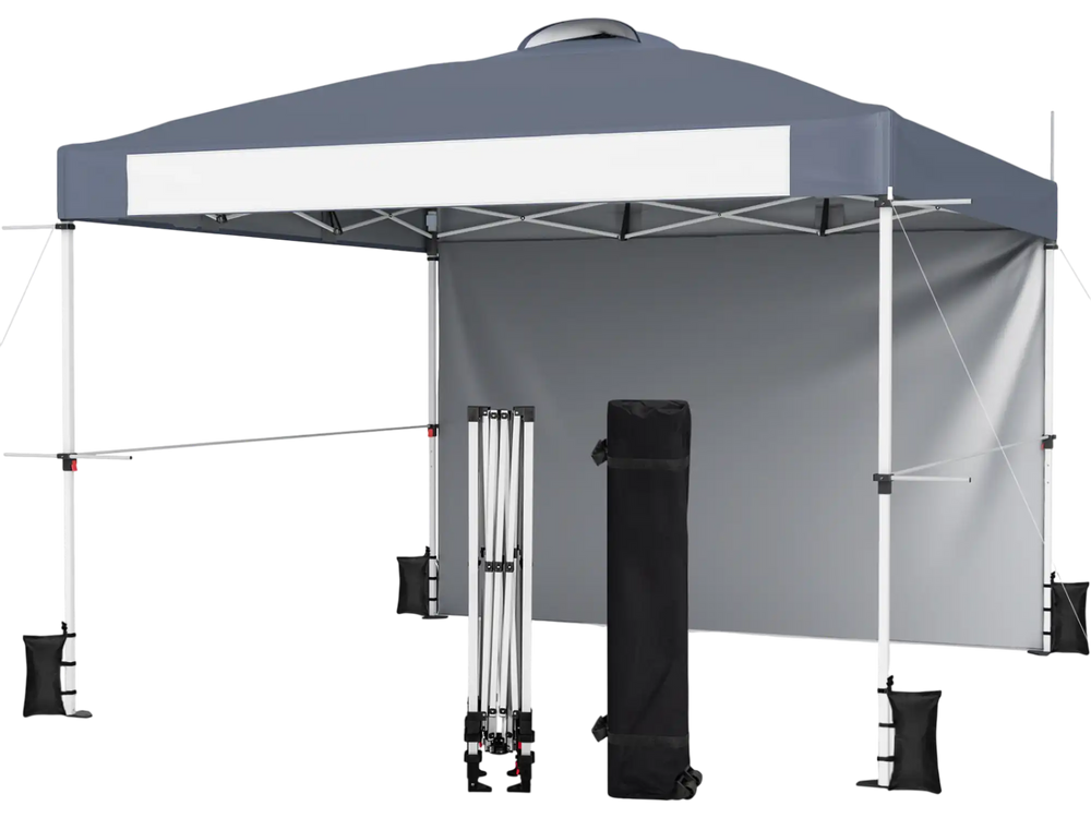Foldable 10 x 10 feet gray pop-up canopy with adjustable height, portable bag, and detachable sidewall for outdoor events.