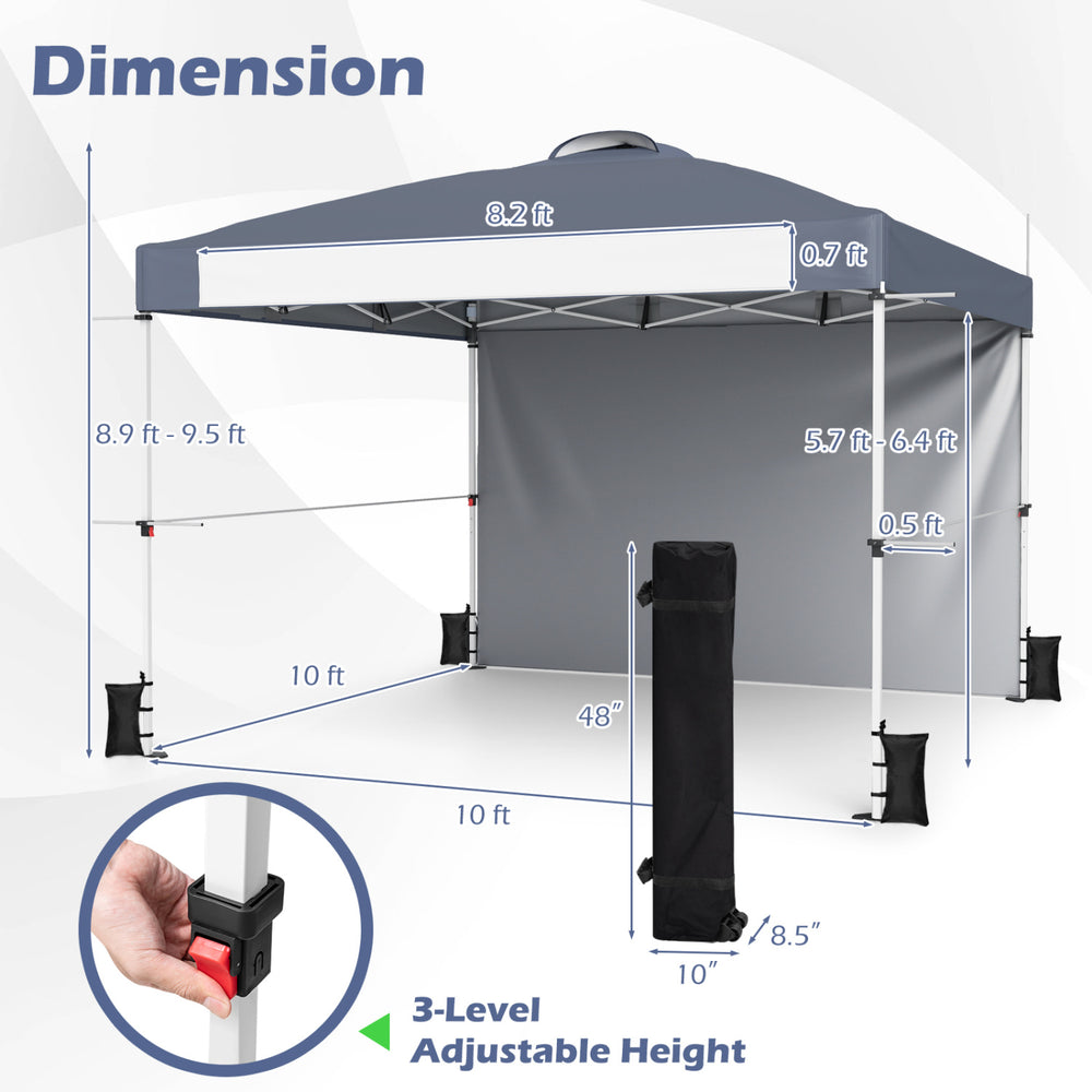 10 x 10 feet gray pop-up canopy with adjustable height, portable bag, and side hanging bars for outdoor events.