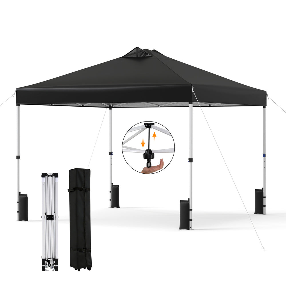 Black 10x10 feet outdoor pop-up canopy tent with adjustable height, sturdy steel frame, and wheeled carrying bag.