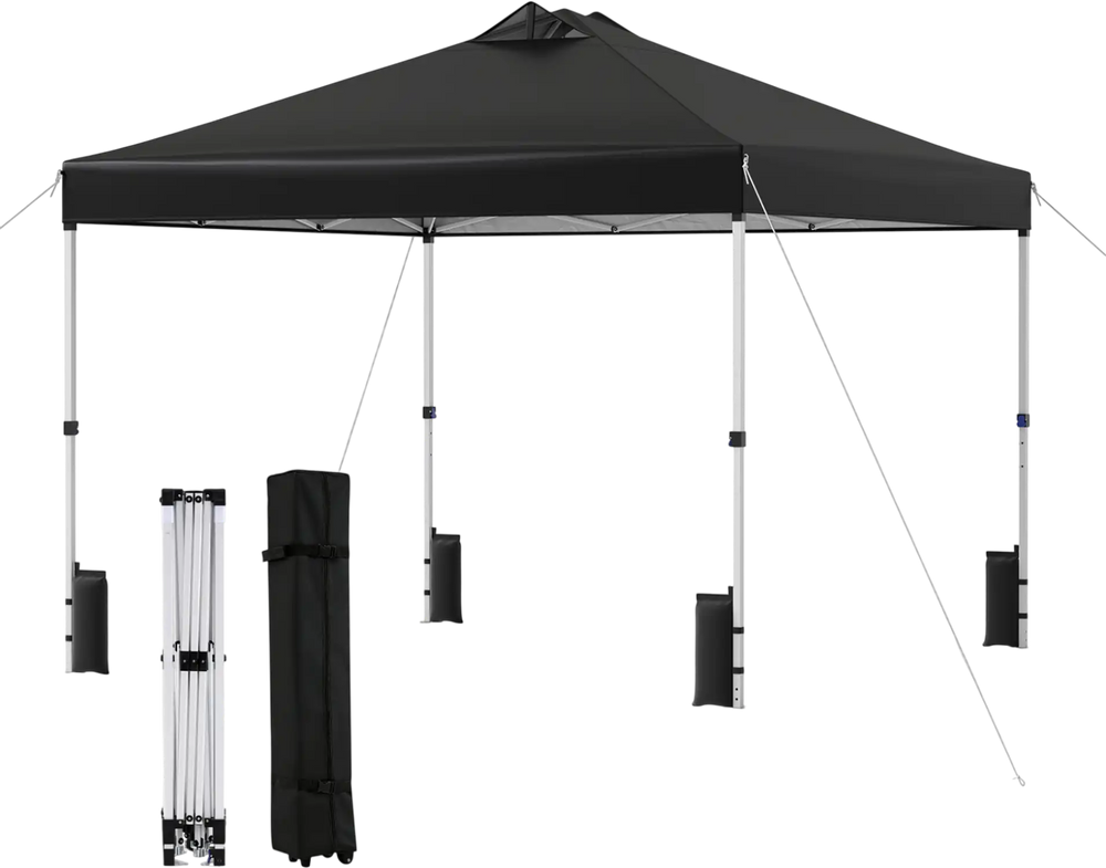 Black 10 x 10 feet outdoor pop-up canopy tent with sturdy steel frame and wheeled carrying bag for easy transport.