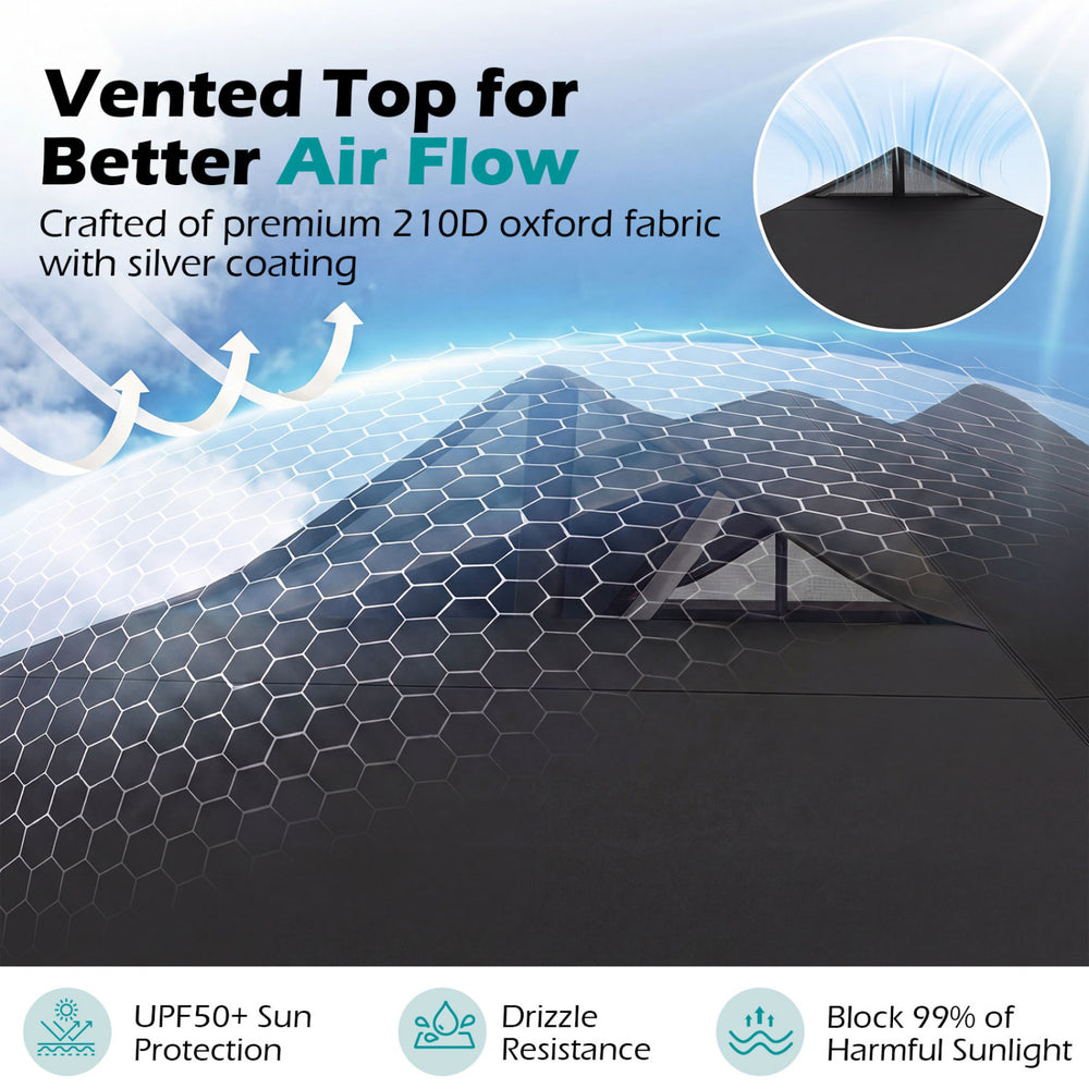 Vented top of the 10 x 10 feet black pop-up canopy tent for better air flow and UPF50+ sun protection.