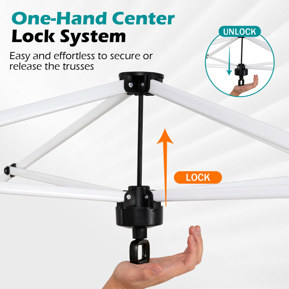 One-hand center lock system for the 10 x 10 feet black pop-up canopy tent, ensuring easy setup and stability.