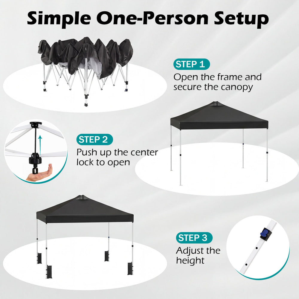 Step-by-step setup guide for the 10 x 10 feet black outdoor pop-up canopy tent with adjustable height.