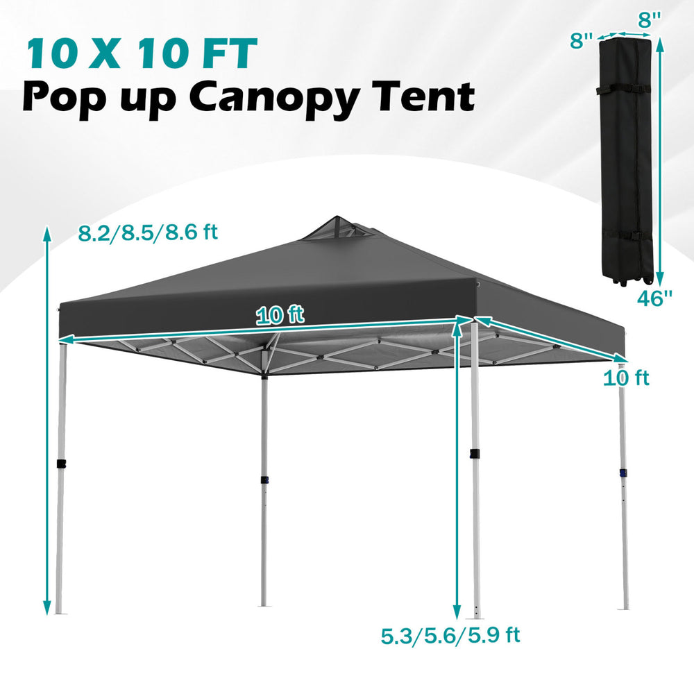 10 x 10 feet black pop-up canopy tent with adjustable height, sturdy steel frame, ideal for outdoor activities.
