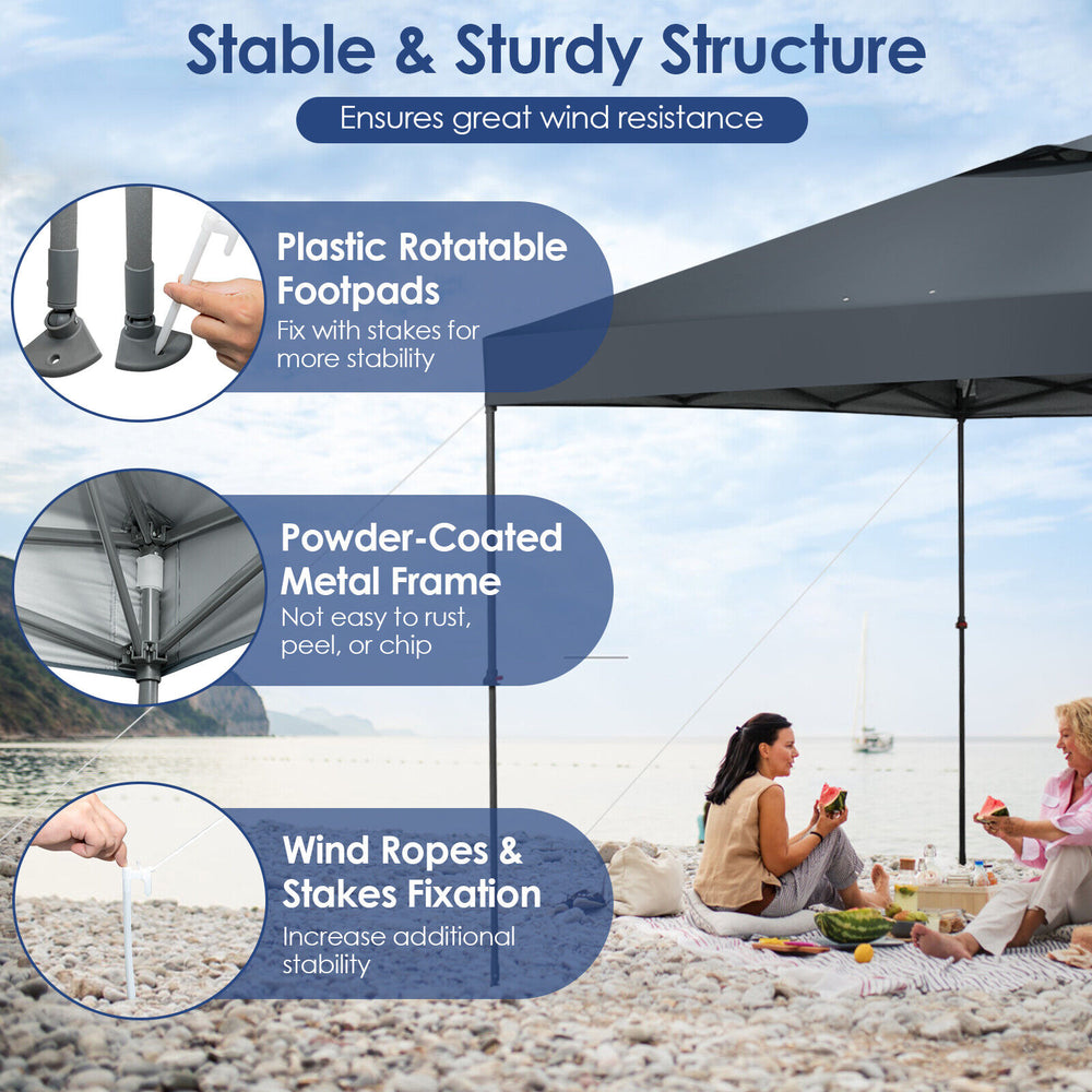 Foldable 10 x 10 feet gray outdoor pop-up canopy with a sturdy metal frame, ideal for beach parties and picnics.