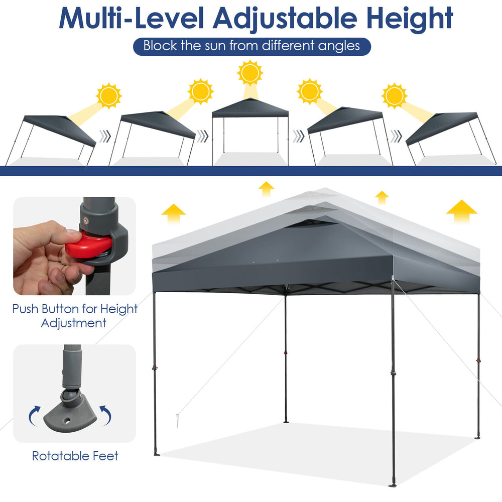 Foldable 10 x 10 feet gray pop-up canopy with adjustable height, ideal for outdoor activities like camping and BBQs.