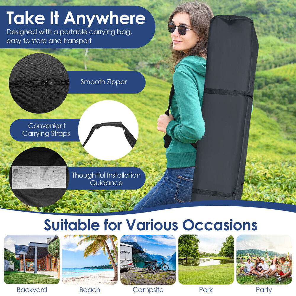 Foldable 10 x 10 feet gray outdoor pop-up canopy with carrying bag, ideal for beach parties and camping.