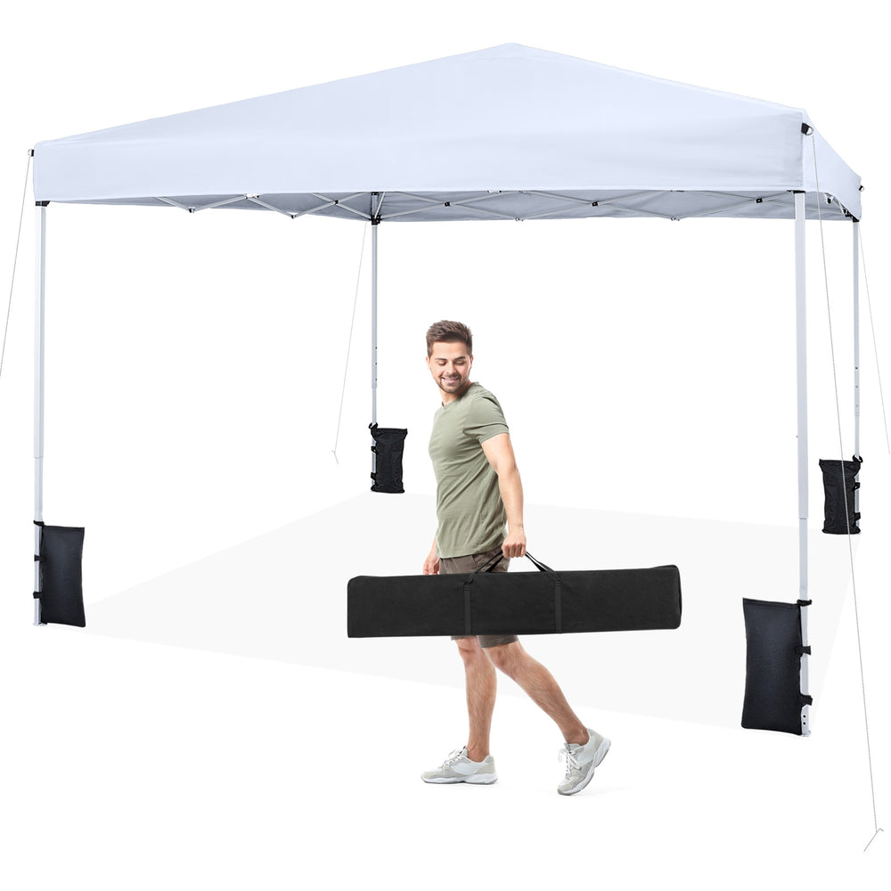 Pop up canopy tent with carrying bag, 10 x 10 feet, white, featuring 4 sandbags for stability, ideal for outdoor events.