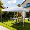 Pop up canopy tent with white oxford cloth, set up over a table and chairs, ideal for outdoor events and gatherings.