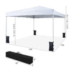 10x10 feet white pop-up canopy tent with carrying bag, featuring adjustable height and 4 sandbags for stability.
