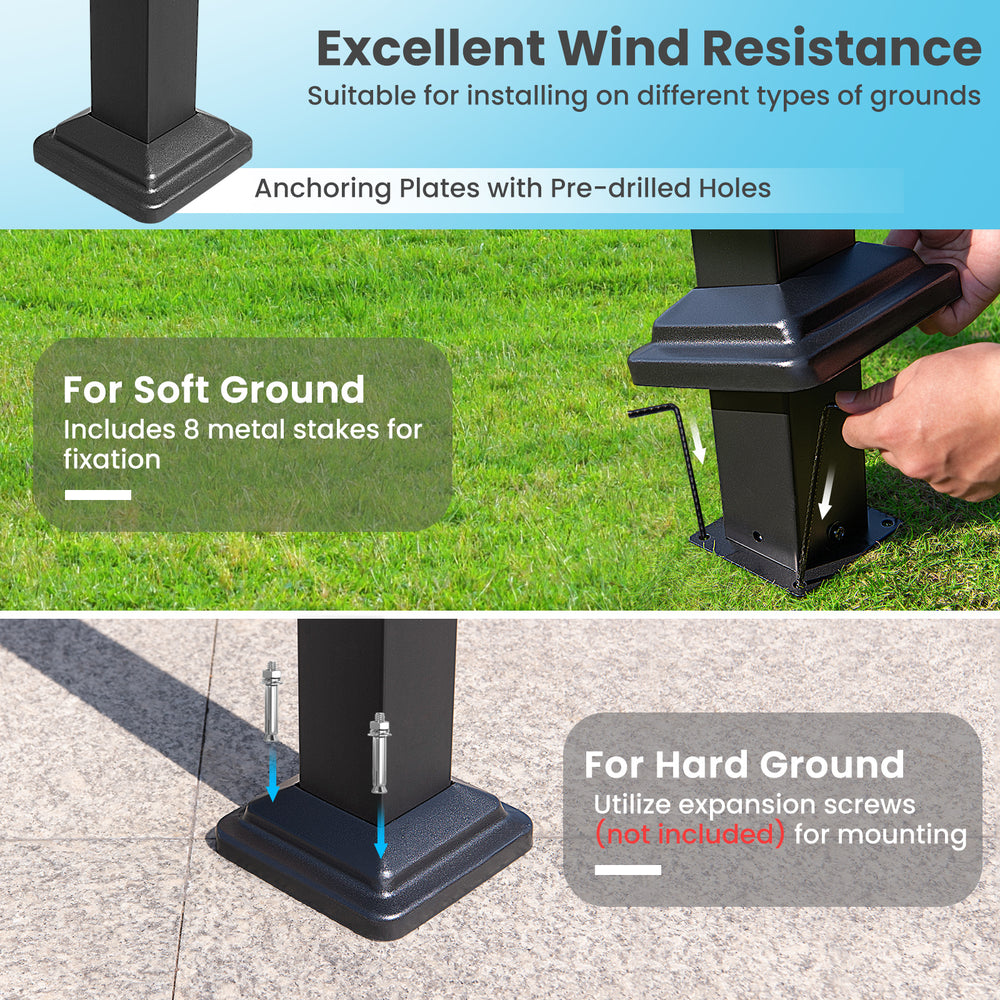 Detail of the anchoring plate for the 10 x 10 ft outdoor pergola, designed for excellent wind resistance on various.