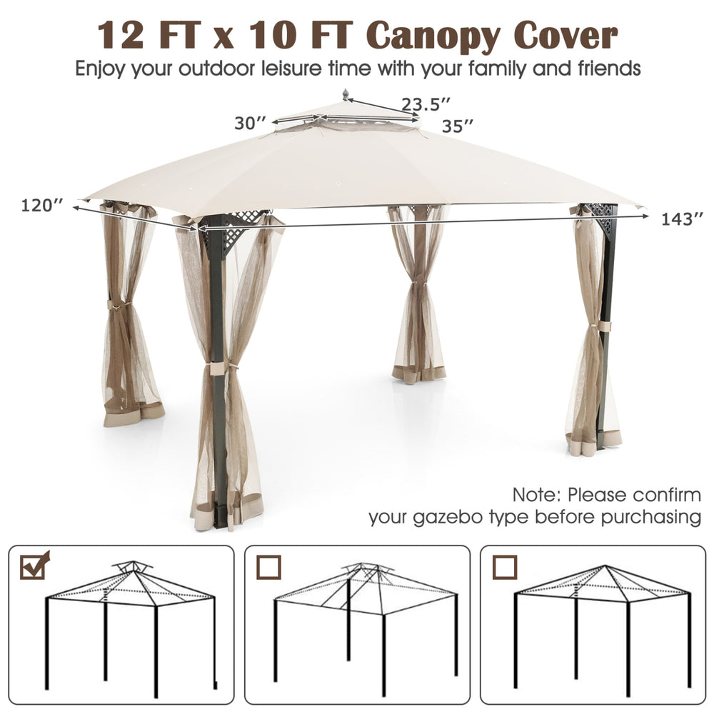 10' x 12' beige gazebo replacement top with air vent, drainage holes, and flame-retardant polyester for outdoor.