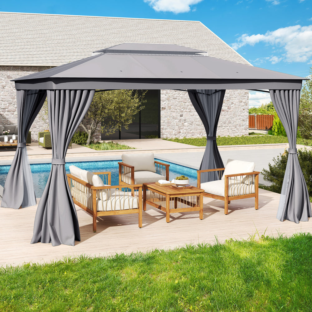 Patio gazebo with double roof, gray curtains, and mesh netting, ideal for outdoor relaxation by the pool.
