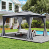 Gray 10 x 13 feet patio gazebo with double roof, mesh netting, and privacy curtains for outdoor relaxation by the pool.
