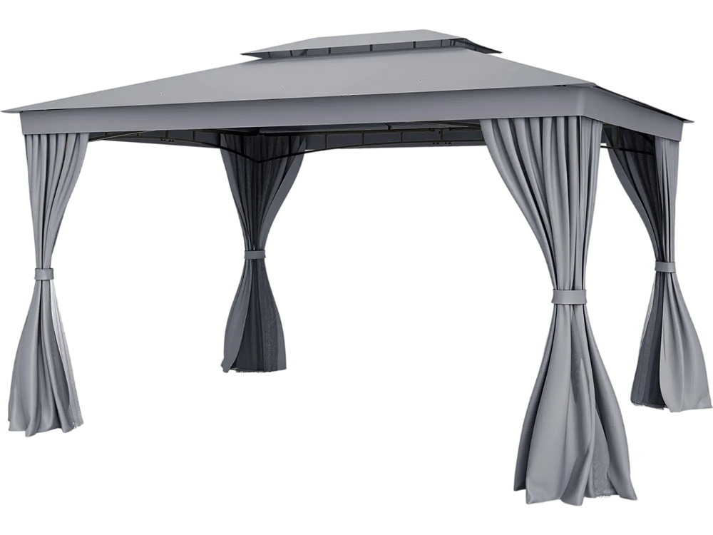 Gray 10 x 13 feet patio gazebo with double roof, mesh netting, and privacy curtains for outdoor gatherings.