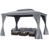 Patio gazebo with double roof, gray privacy curtains, and mesh netting, ideal for outdoor relaxation and ventilation.