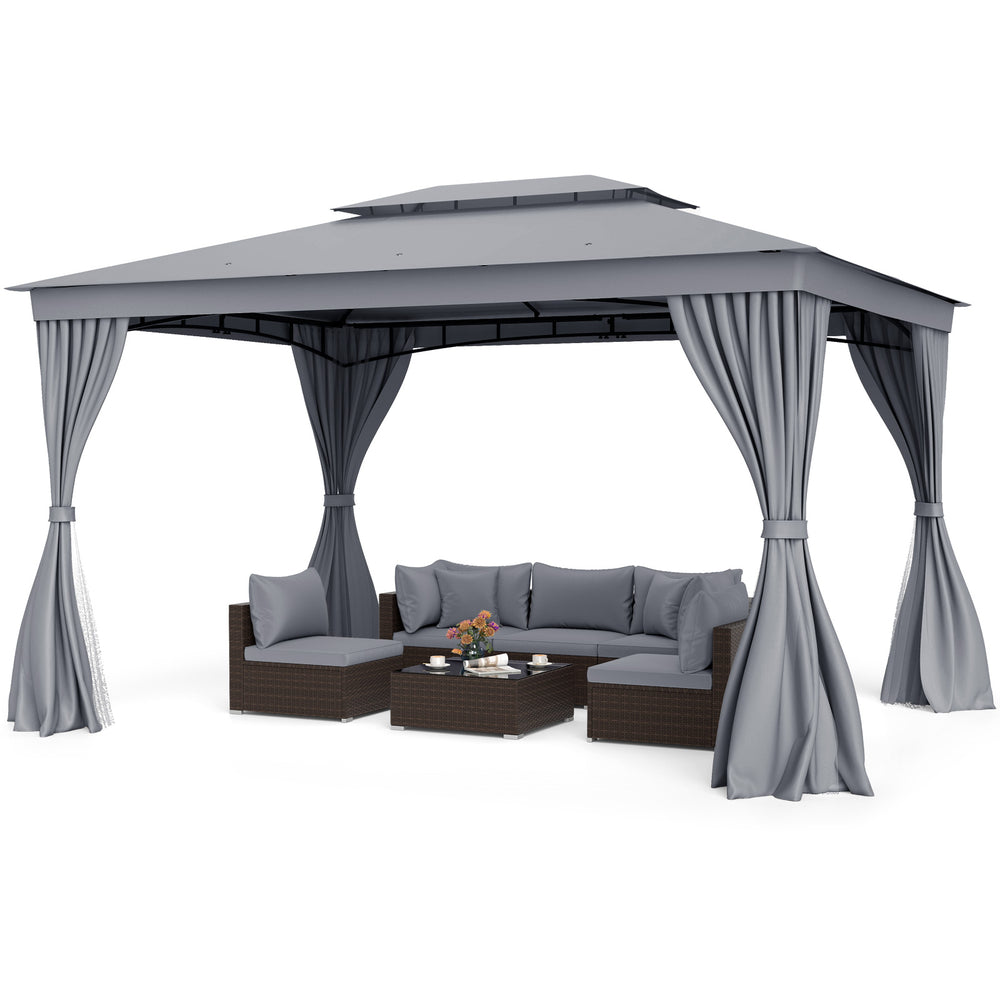 Patio gazebo with double roof, gray privacy curtains, and mesh netting, ideal for outdoor relaxation and ventilation.
