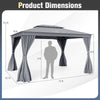 Patio gazebo dimensions showing 10 x 13 feet size with double roof, mesh netting, and privacy curtains for outdoor use.