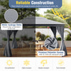 Patio gazebo with double roof in gray, featuring water leakage holes, mesh netting, and privacy curtains for outdoor.