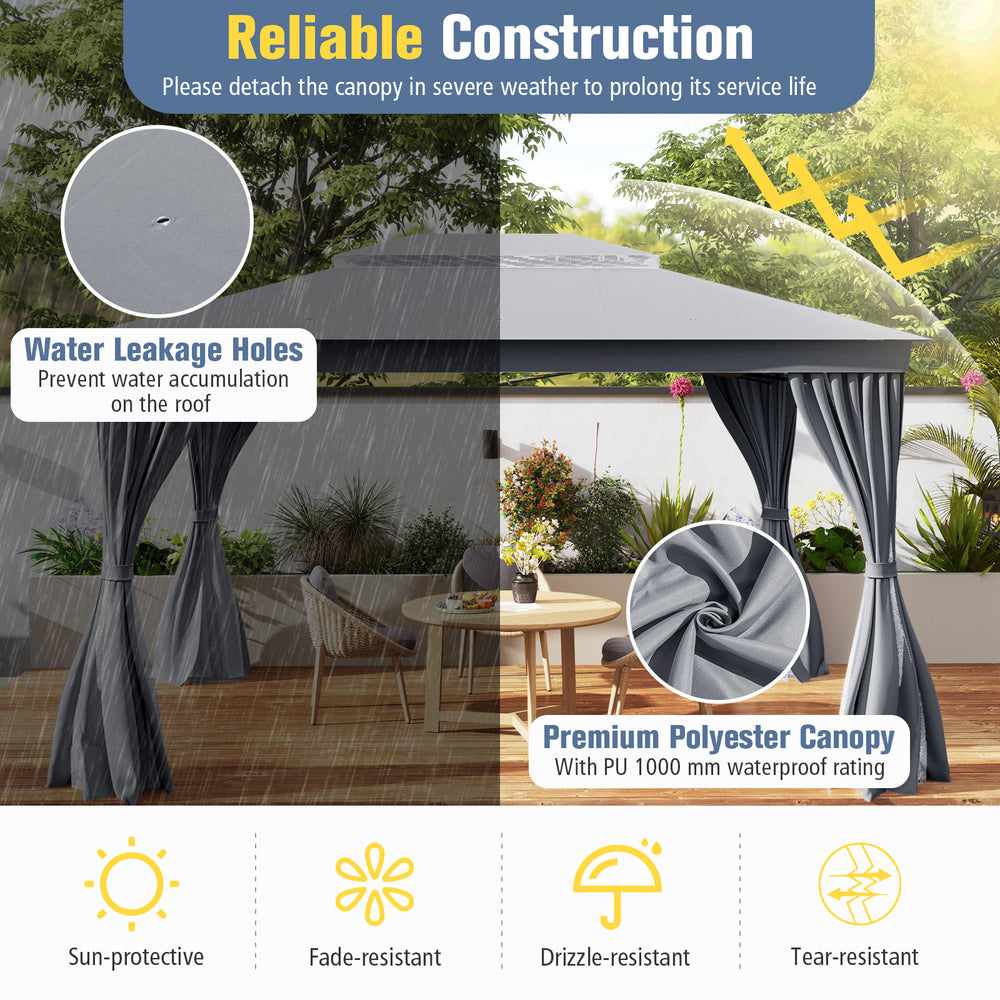 Patio gazebo with double roof in gray, featuring water leakage holes, mesh netting, and privacy curtains for outdoor.