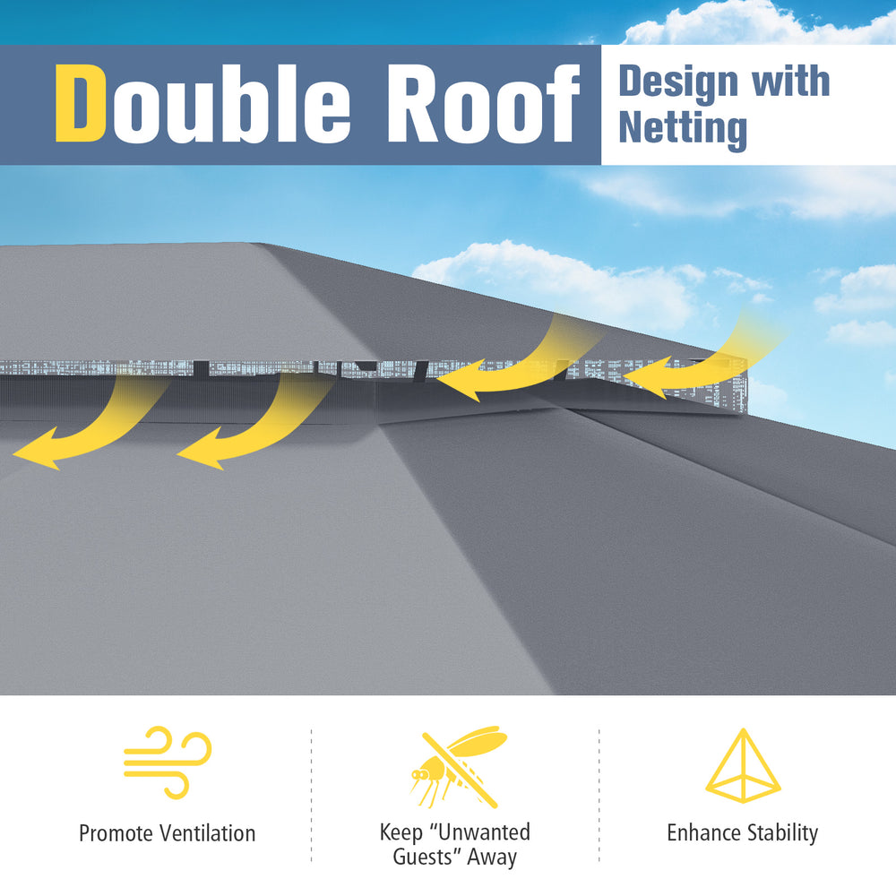 Double roof design of the 10 x 13 feet patio gazebo with mesh netting for ventilation and stability, ideal for outdoor.