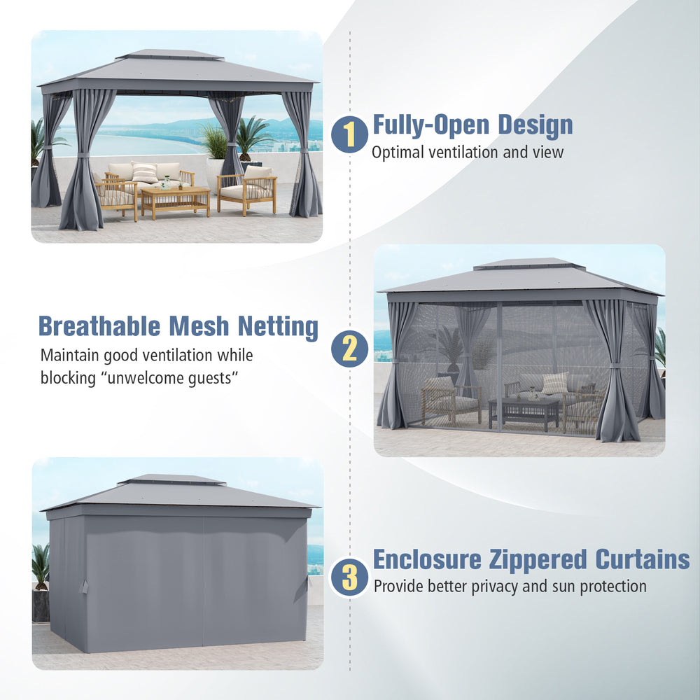 Gray 10 x 13 feet patio gazebo with double roof, mesh netting, and privacy curtains for outdoor relaxation and sun.