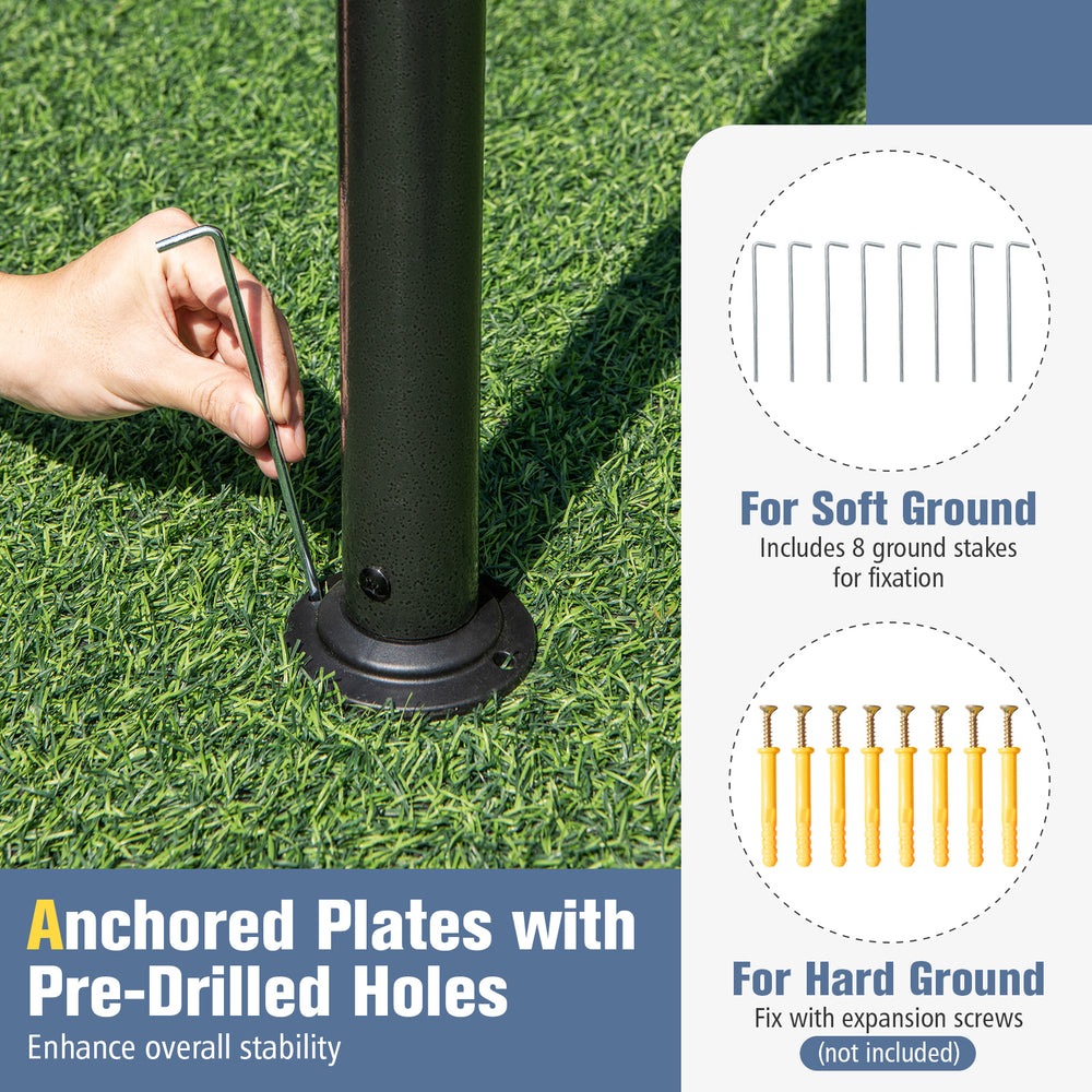 Anchored plate with pre-drilled holes and ground stakes for the 10 x 13 feet patio gazebo, enhancing stability on soft.