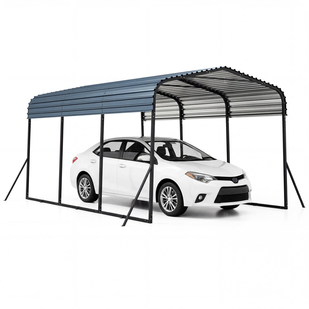 Heavy-duty galvanized steel carport with a leak-proof roof, providing all-weather protection for vehicles and outdoor.