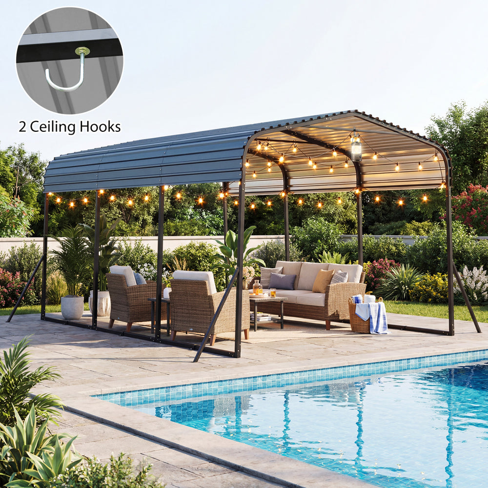 Heavy-duty galvanized steel carport with waterproof roof, featuring 2 ceiling hooks for outdoor decor, ideal for.