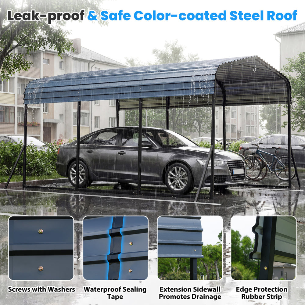 Heavy-duty 10 x 14.5 FT galvanized steel carport with leak-proof color-coated roof, ideal for outdoor vehicle.