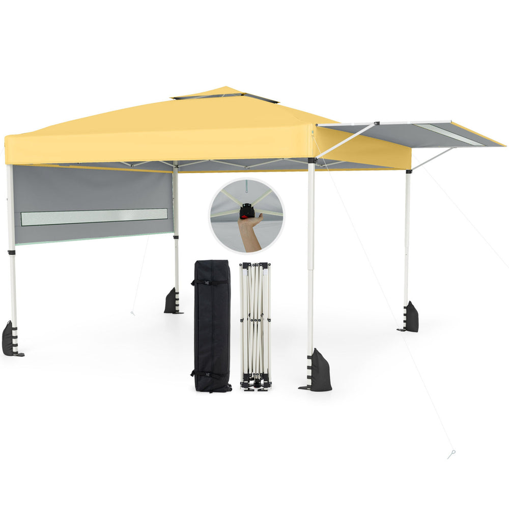Pop up canopy tent with yellow oxford fabric, dual adjustable awnings, and wheeled storage bag for outdoor events.