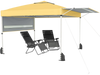 Pop-up canopy tent with yellow oxford fabric, featuring dual adjustable awnings for outdoor gatherings and ventilation.