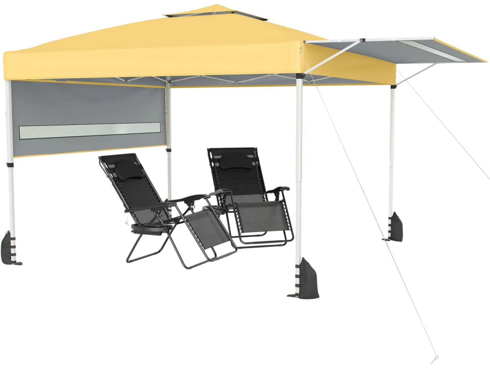 Pop-up canopy tent with yellow oxford fabric, featuring dual adjustable awnings for outdoor gatherings and ventilation.
