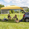 Pop up canopy tent in yellow with dual adjustable awnings, providing 170 sq.ft shade for outdoor gatherings and.