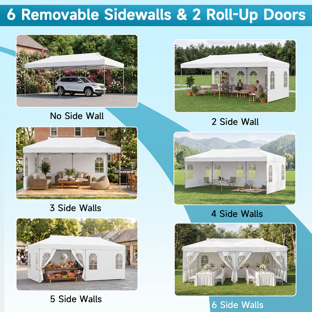 Pop up canopy tent with 6 removable sidewalls, adjustable height, and durable water-resistant fabric for outdoor events.