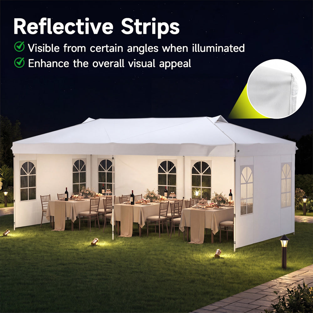 Pop up canopy tent with 6 sidewalls, adjustable height, and reflective strips for enhanced nighttime visibility and safety.