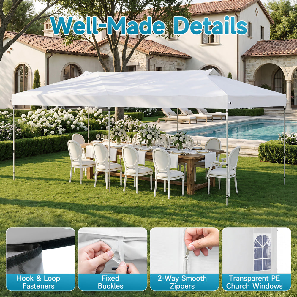 Pop up canopy tent with adjustable height, 210D Oxford fabric, and removable sidewalls for outdoor events and gatherings.