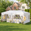 The 10 x 20 FT pop-up canopy tent features a white design, adjustable height, and removable sidewalls for versatile outdoor events.