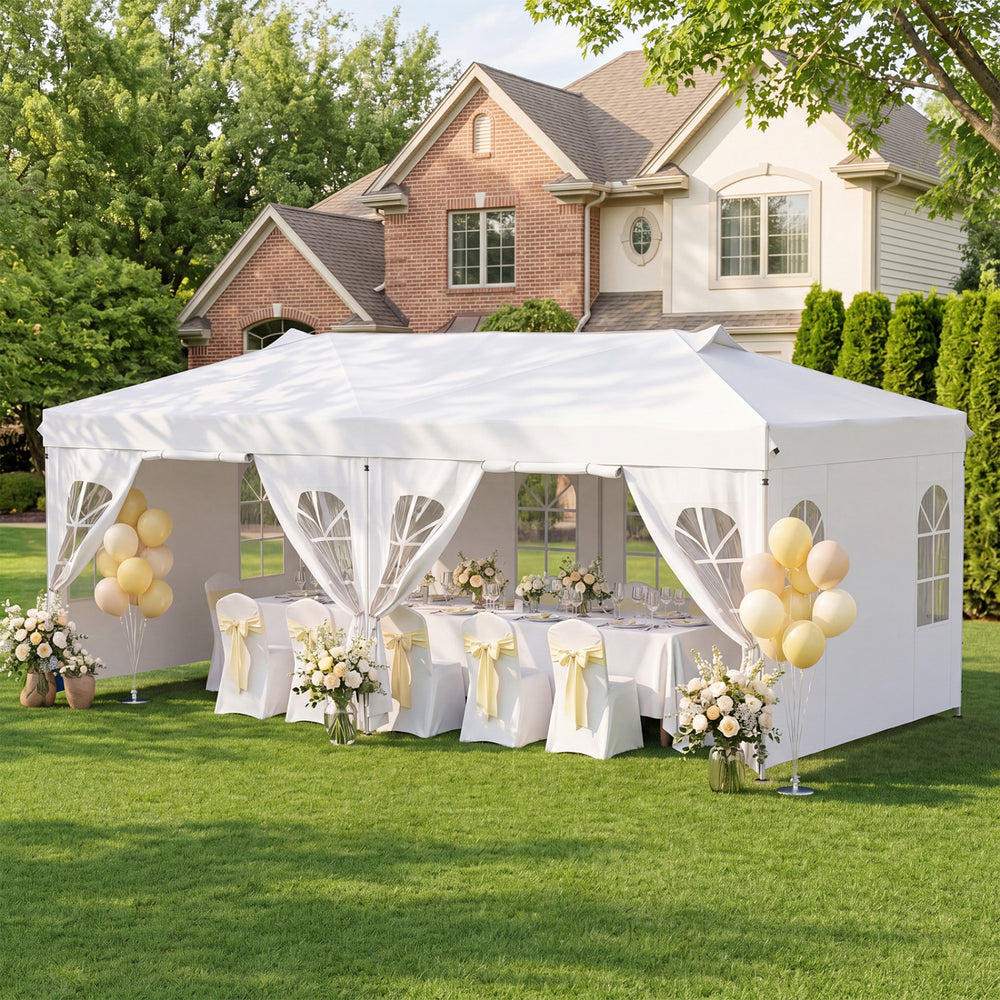10 x 20 FT Pop Up Canopy Tent with 6 Sidewalls and Adjustable Height-White - Gallery View 1 of 11