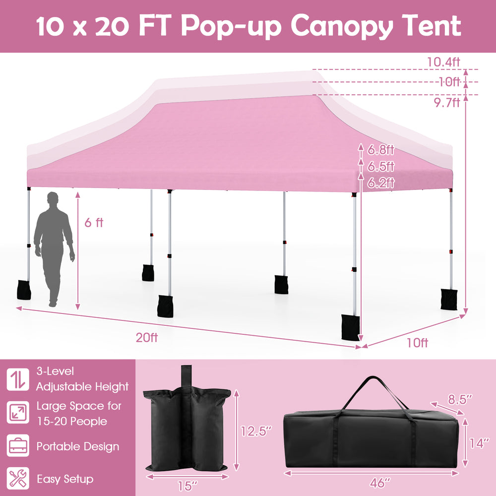 10 x 20 FT pink pop-up canopy tent with adjustable height, ideal for outdoor events, includes carry bag for easy.