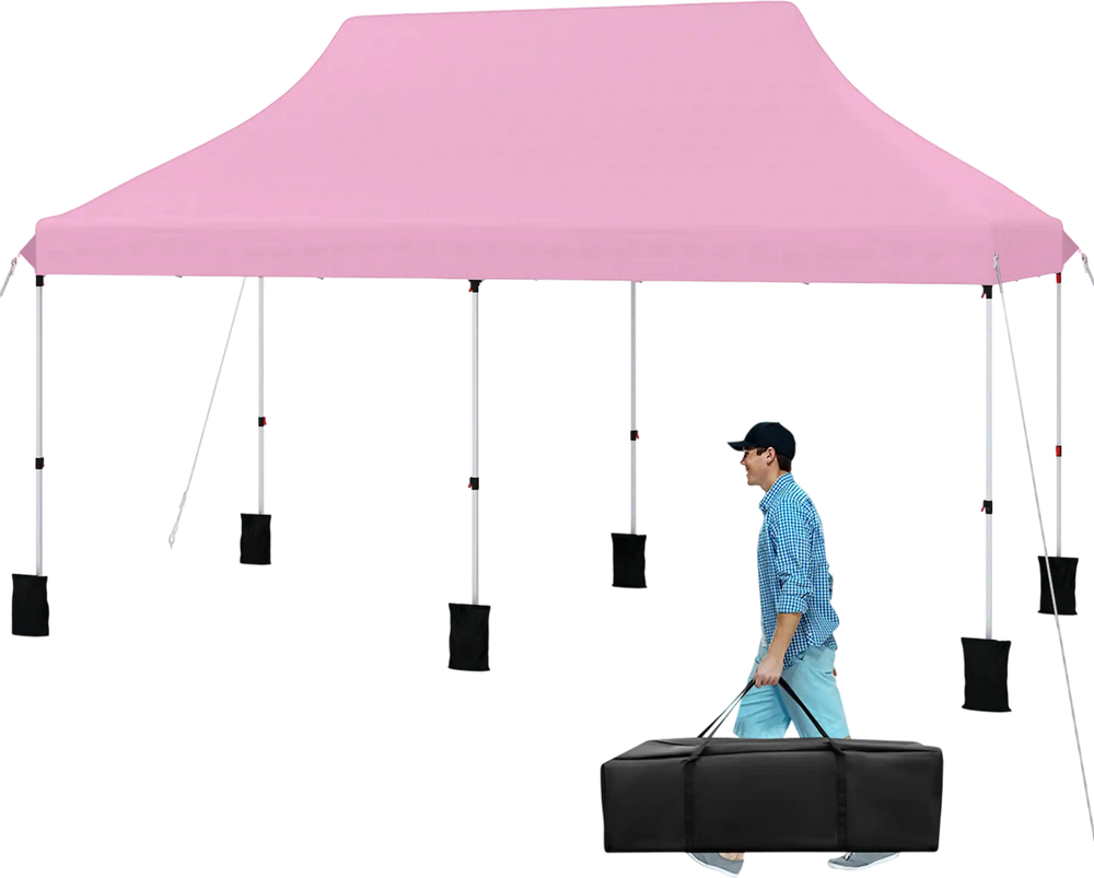 Pink 10 x 20 ft pop-up canopy tent with adjustable height, ideal for outdoor events and easy to transport with carry.