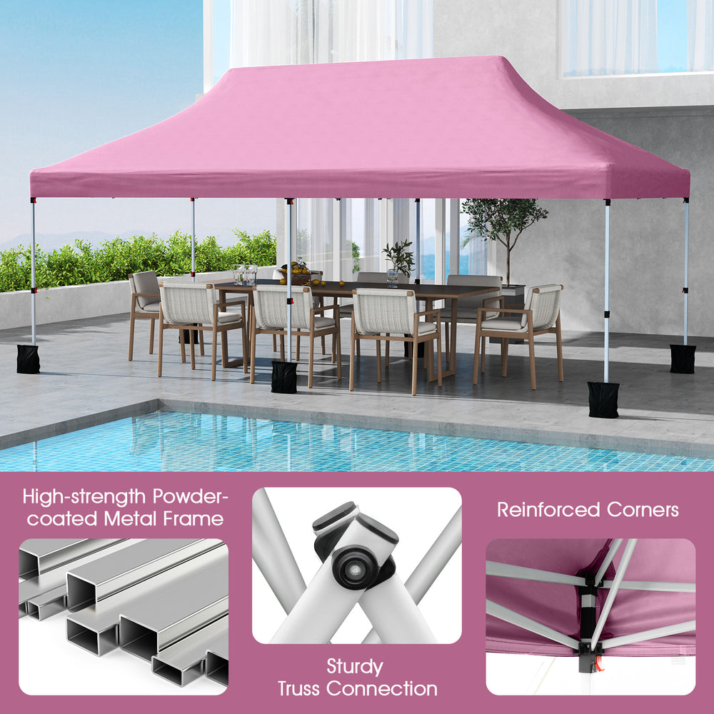Pink 10 x 20 ft pop-up canopy tent with a sturdy metal frame, ideal for outdoor events and gatherings.