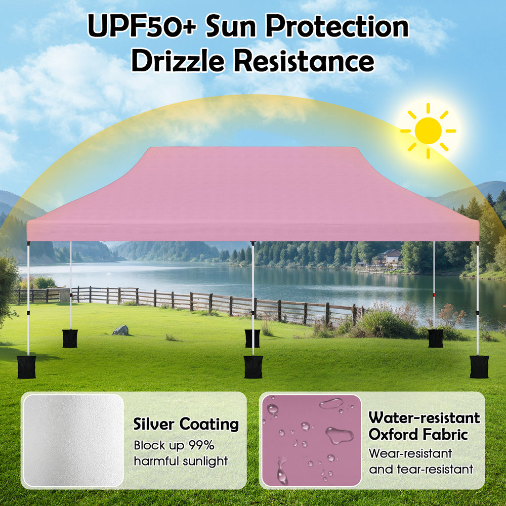 10x20 ft pink pop-up canopy tent with silver coating, water-resistant fabric, ideal for outdoor events and gatherings.