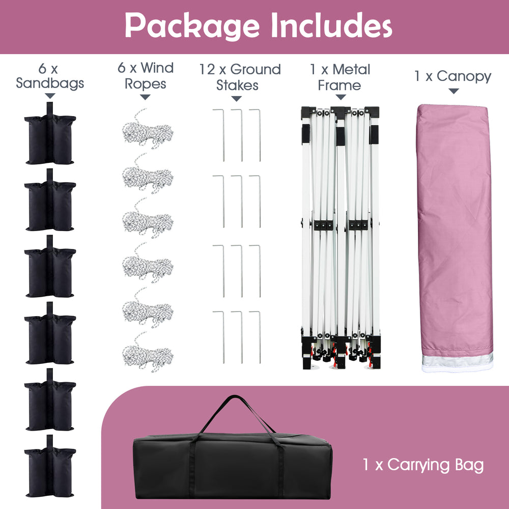 Pop-up canopy tent package includes metal frame, carrying bag, stakes, wind ropes, and sandbags for outdoor events.