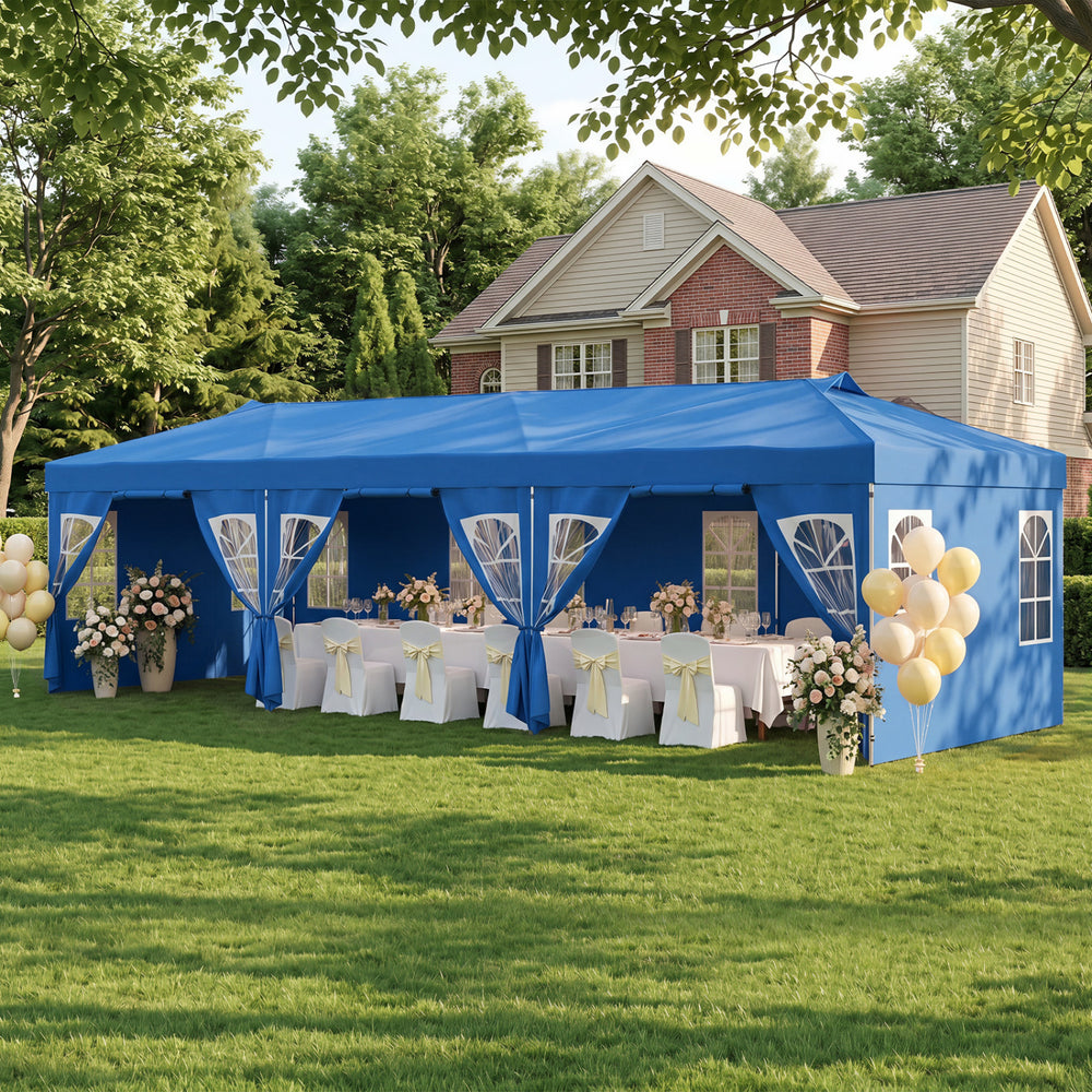 10 x 30 FT Pop Up Canopy Tent with 8 Sidewalls and Adjustable Height-Blue - Gallery View 1 of 10