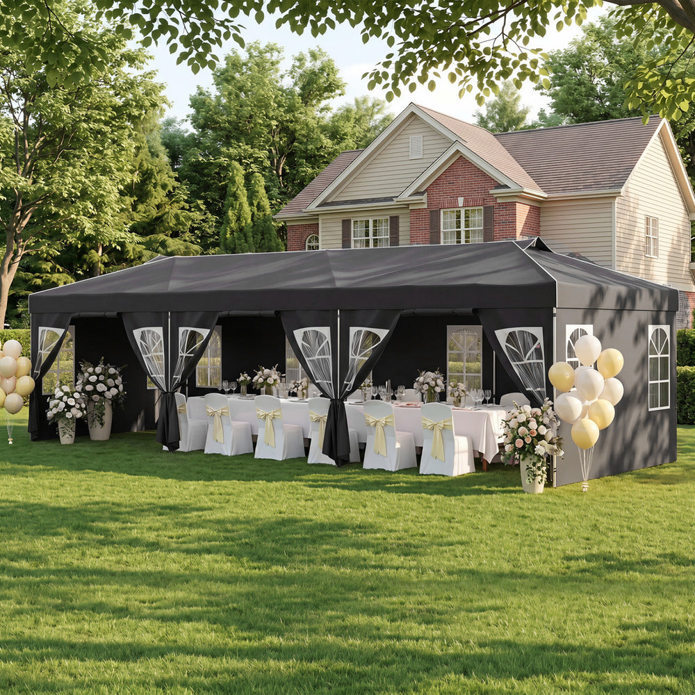 10 x 30 FT Pop Up Canopy Tent with 8 Sidewalls and Adjustable Height-Black - Gallery View 1 of 10