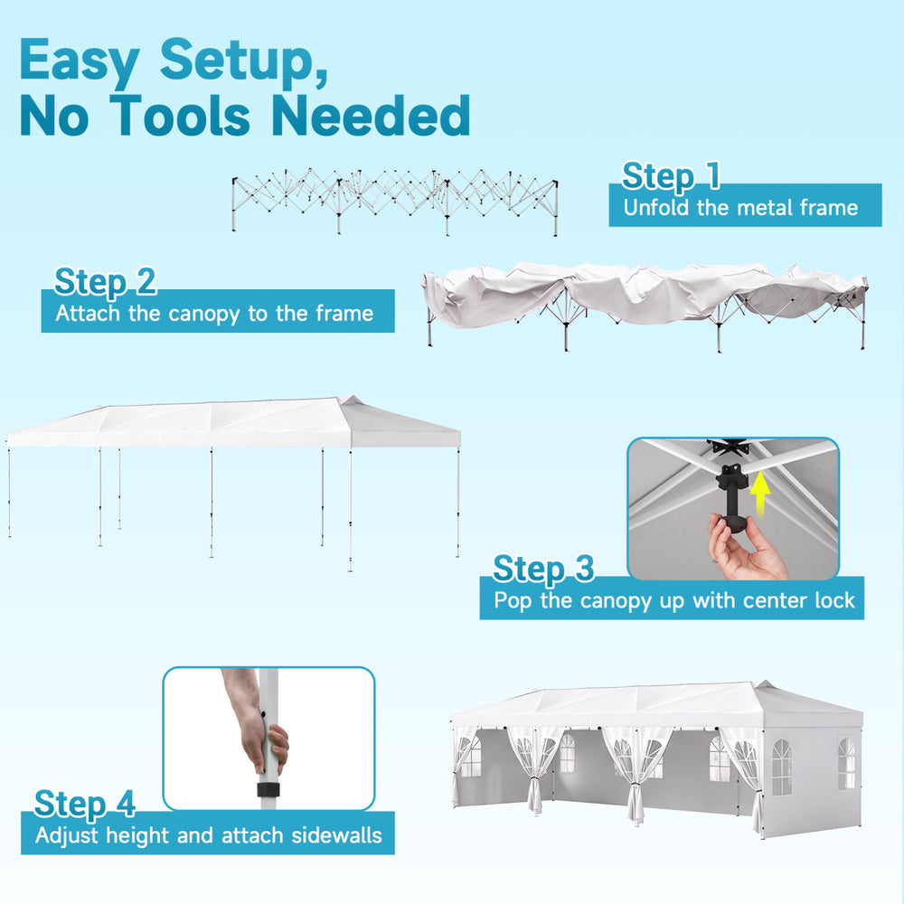 Pop up canopy tent with adjustable height, 8 removable sidewalls, and durable water-resistant fabric for outdoor events.