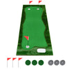 Golf putting green measuring 10 x 3.5ft with three hole cups and flags, ideal for home or office practice.