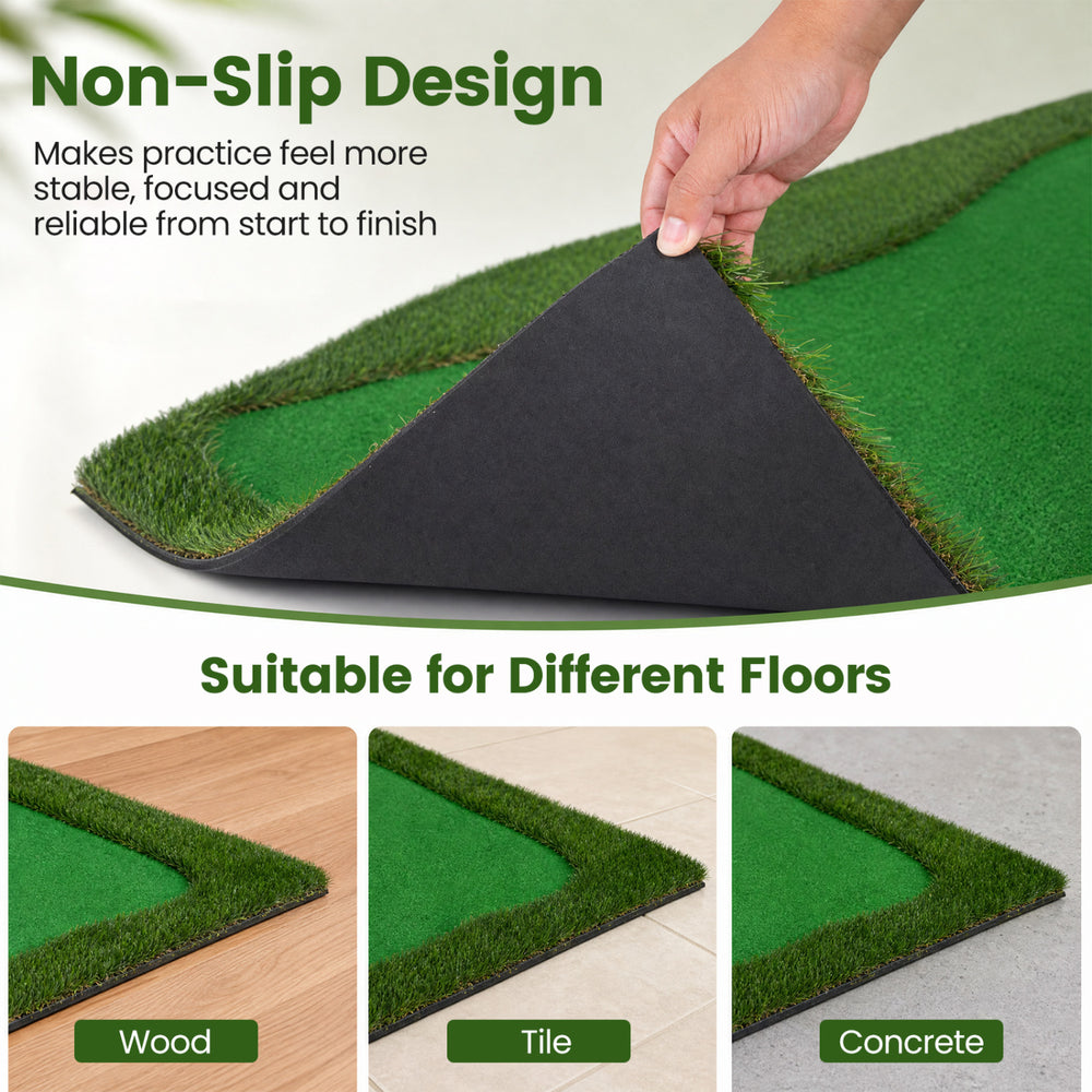 Golf putting green mat measuring 10 x 3.5ft with non-slip backing, suitable for wood, tile, and concrete floors.